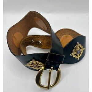 VERY RARE Black Calderon Belt Italian Leather Medallion 80's Vintage XS - LOOK!